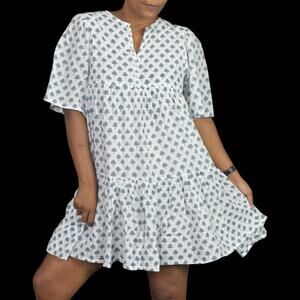 Emerson Fry Isla Mini Dress White Print Babydoll Cotton HandBlock Swingy Small